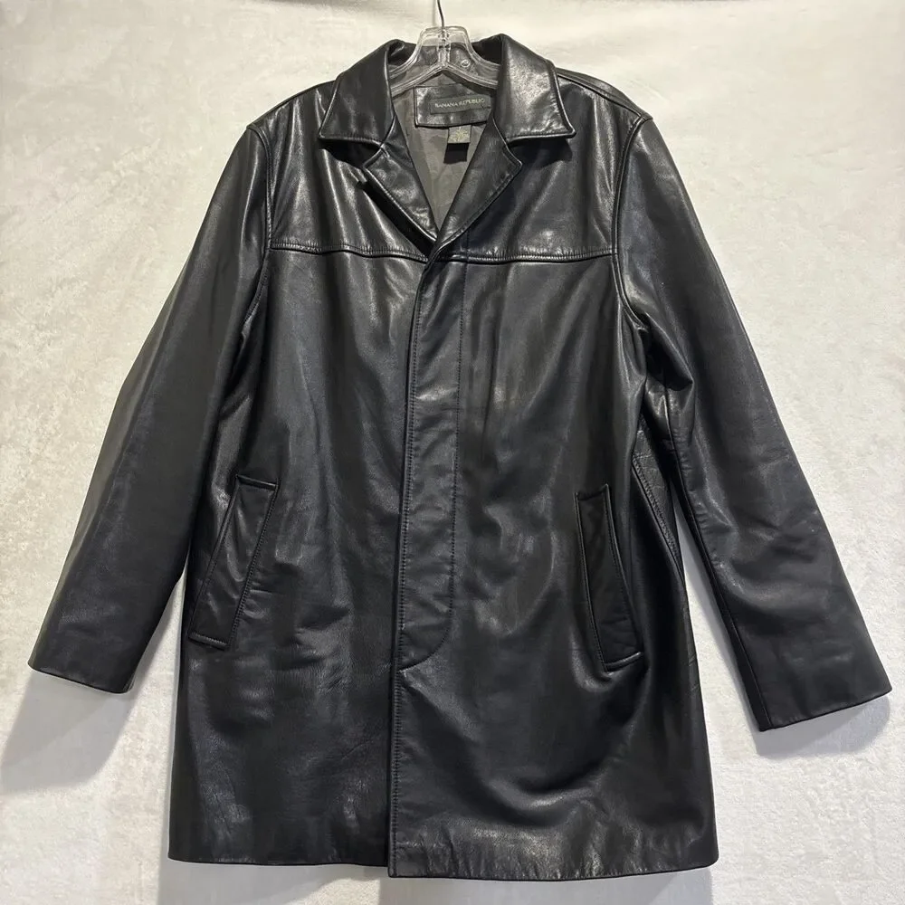 Banana Republic Vintage Coat Jacket Men's Small Black Genuine Leather Button Up